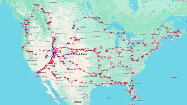 Close-up map of all our Tesla road trip routes in the United States and Canada