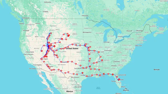 Map of our Model S road trip routes across the western and southern United States