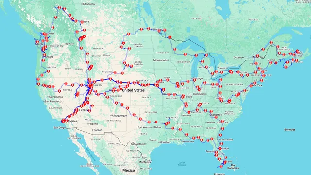 Map of our Model Y road trip routes across the United States and Canada